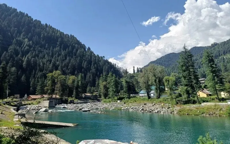 Scenic vista of lush pine forests, wooden village houses and rolling green hills in Barot Valley