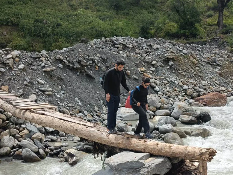 Trekkers carefully crossing a fierce mountain river using a fallen tree trunk bridge