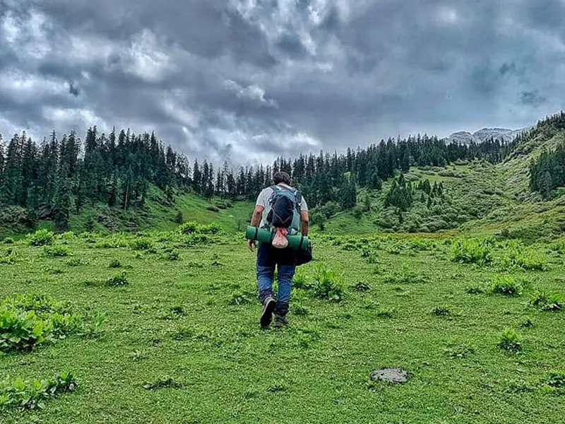 Solo trekker with heavy backpack hiking across vast green alpine meadows on Bhuni Bhuni Pass trail