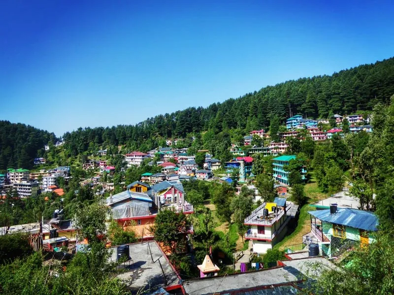 Scenic bird’s-eye view of Dharamkot village nestled in pine hills
