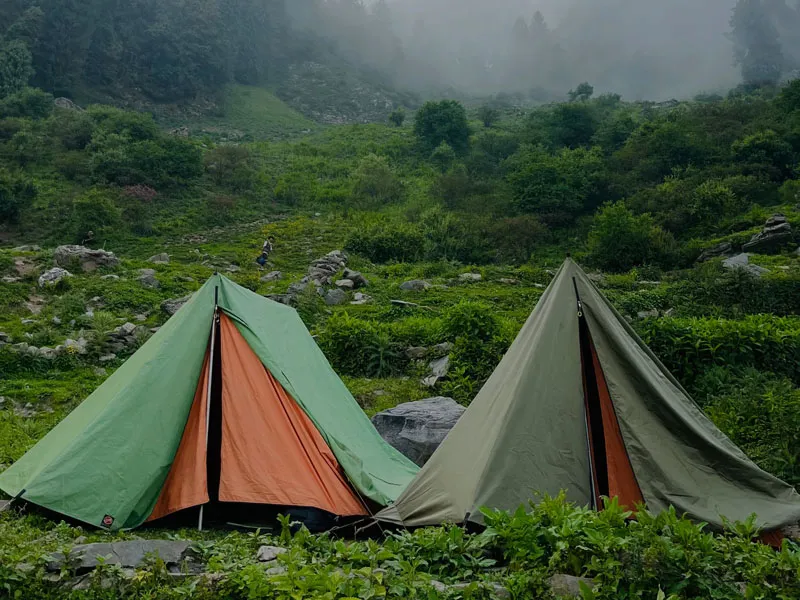 Two alpine camping tents pitched on a green grassy meadow under misty mountain skies