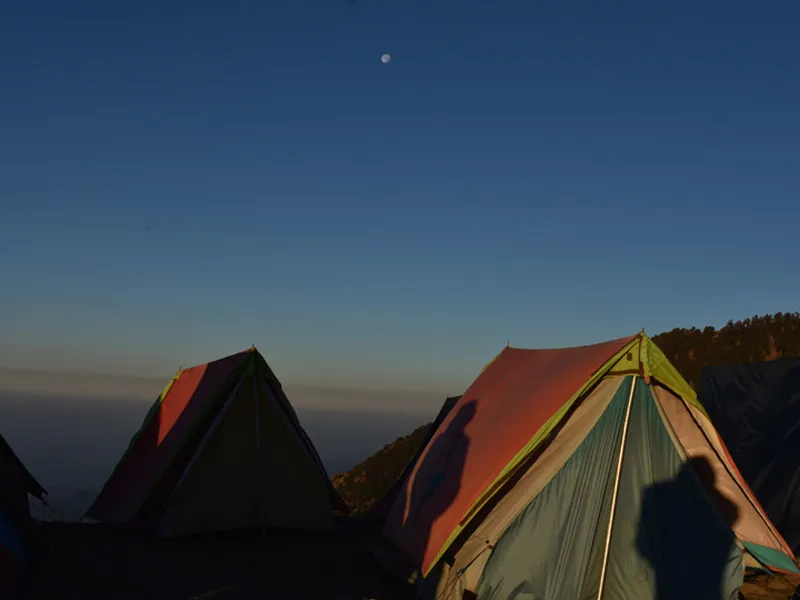 Alpine tents pitched along the Triund ridge under a dusk twilight sky