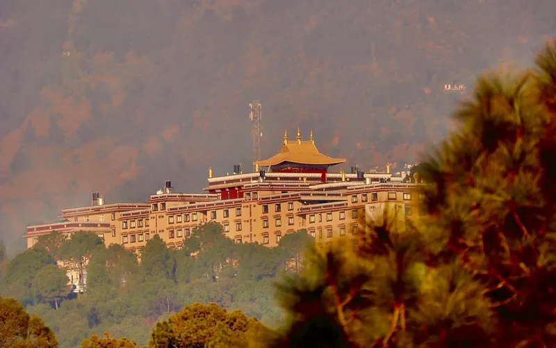 Distant view of grand Palpung Sherabling Tibetan Monastery nestled inside dense pine forests